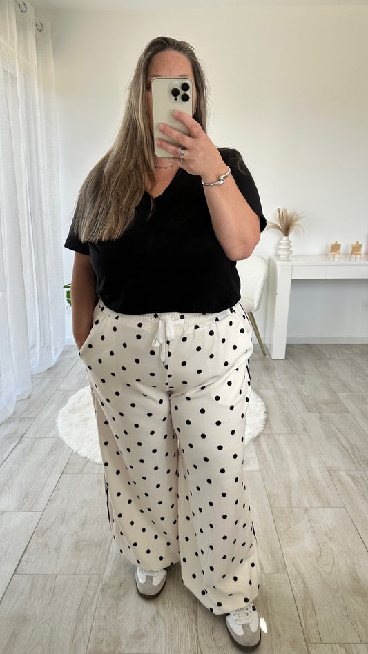 Pantalon blanc à pois noir fluide